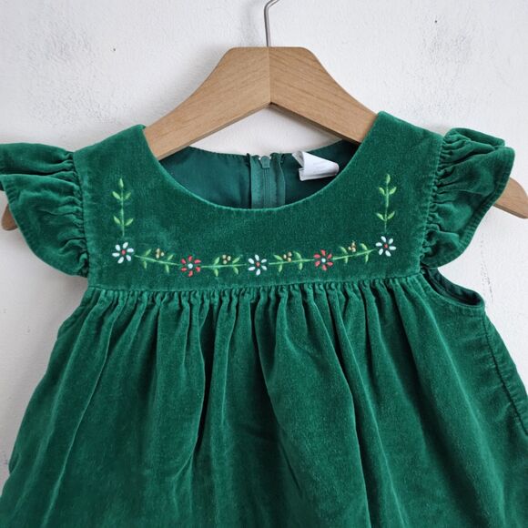 Vintage Green Velvet Toddler Dress Embroidered Flowers Ruffle Hem 90s Size 4 - Picture 2 of 7